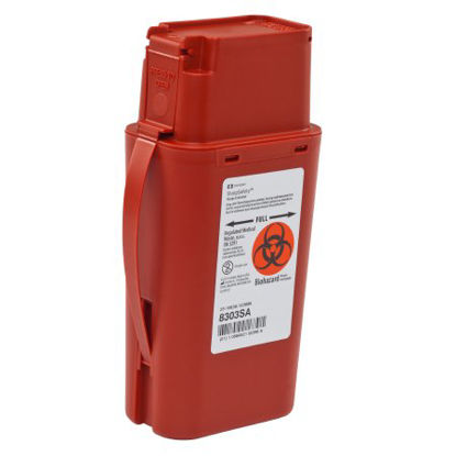 Picture of Pocket Shuttle Sharps Container SharpSafety™ 8-3/4 H X 2-1/2 D X 4-1/2 W Inch 1 Quart Red Base / Red Lid Vertical Entry Hinged Snap On Lid8303SA