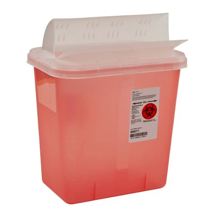 Picture of Sharps Container SharpSafety™ 10 H X 10-1/2 W X 7-1/4 D Inch 2 Gallon Translucent Red Base / Translucent Lid Horizontal Entry Flap Lid89671