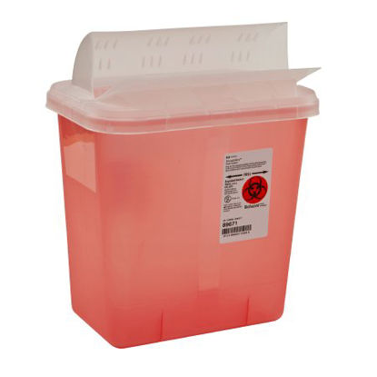 Picture of Sharps Container SharpSafety™ 10 H X 10-1/2 W X 7-1/4 D Inch 2 Gallon Translucent Red Base / Translucent Lid Horizontal Entry Flap Lid89671