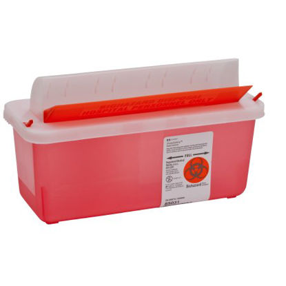Picture of Sharps Container In-Room™ 11 H X 10-3/4 W X 4-3/4 D Inch 1.25 Gallon Translucent Red Base / Translucent Lid Horizontal Entry Flap Lid85131