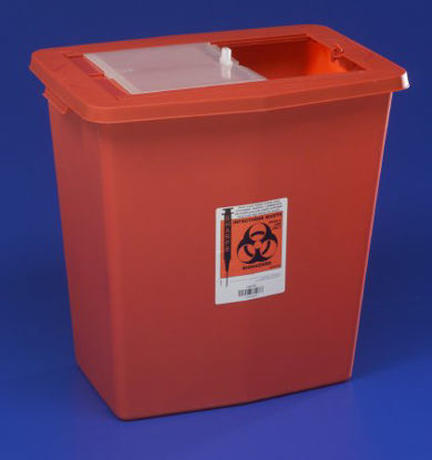 Picture of Sharps Container SharpSafety™ 26 H X 18-1/4 W X 12-3/4 D Inch 18 Gallon Red Base / Translucent Lid Vertical Entry Sliding Lid8938