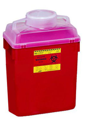 Picture of Sharps Container BD™ 17-1/2 H X 12-4/5 W X 8-4/5 D Inch 6 Gallon Red Base / Clear Lid Vertical Entry Hinged Snap On Lid305457