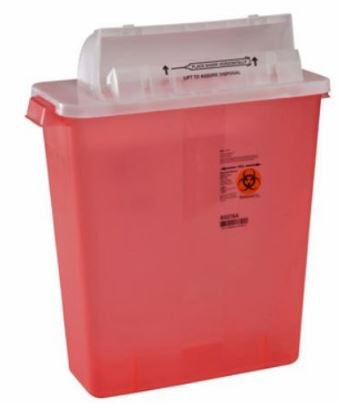 Picture of Sharps Container SharpStar™ In-Room™ 16-1/2 H X 13-3/4 W X 6 D Inch 3 Gallon Translucent Red Base / Translucent Lid Horizontal Entry Counter Balanced Door Lid8537SA