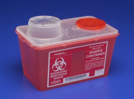 Picture of Sharps Container Monoject™ 7 H X 6-3/4 W X 10-1/2 D Inch 1 Gallon Red Base / Translucent Lid Vertical Entry Chimney Top Lid8881676236