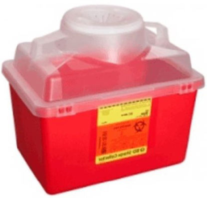 Picture of Sharps Container BD™ 11-1/2 H X 12-4/5 W X 8-4/5 D Inch 14 Quart Red Base / Clear Lid Vertical Entry Hinged Snap On Lid305464
