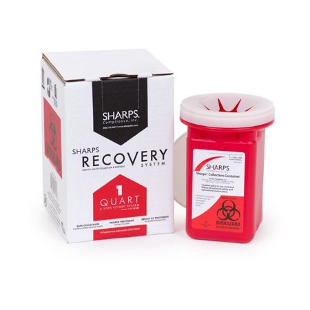 Picture of Mailback Sharps Container Sharps Recovery System™ 4-1/2 L X 4-1/2 W X 7 H Inch 1 Quart Red Base / Translucent Lid Vertical Entry Snap On Lid10100-012