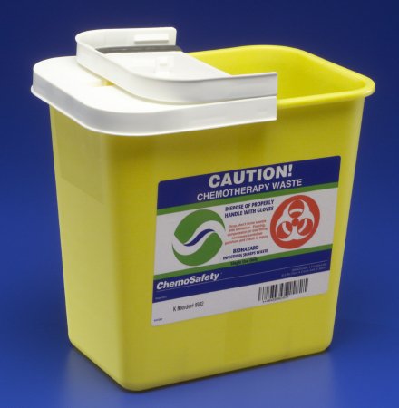 Picture of Chemotherapy Waste Container SharpSafety™ 10 H X 10-1/2 W X 7-1/4 D Inch 2 Gallon Yellow Base / White Lid Horizontal / Vertical Entry Gasketed Hinged Lid8982