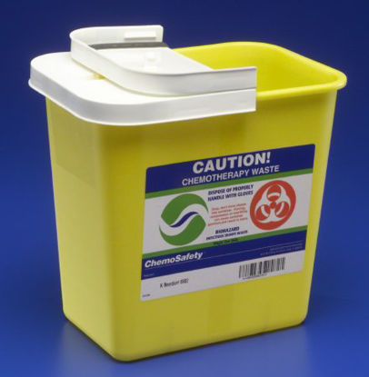 Picture of Chemotherapy Waste Container SharpSafety™ 10 H X 10-1/2 W X 7-1/4 D Inch 2 Gallon Yellow Base / White Lid Horizontal / Vertical Entry Gasketed Hinged Lid8982