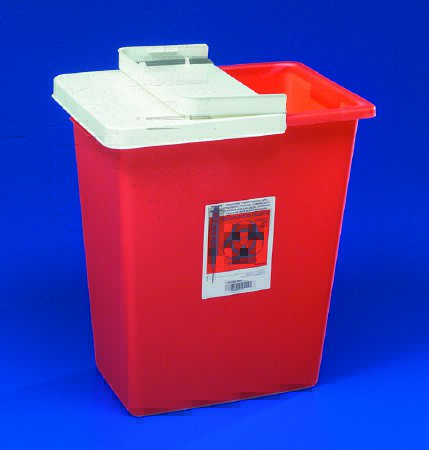Picture of Sharps Container SharpSafety™ 17-3/4 H X 11 W X 15-1/2 D Inch 8 Gallon Red Base / White Lid Vertical Entry Sliding Lid8980S