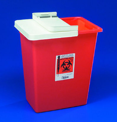 Picture of Sharps Container SharpSafety™ 17-3/4 H X 11 W X 15-1/2 D Inch 8 Gallon Red Base / White Lid Vertical Entry Sliding Lid8980S