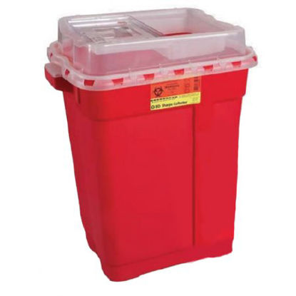 Picture of Sharps Container BD™ 26-1/4 H X 20 W X 14-3/4 D Inch 19 Gallon Red Base / Clear Lid Vertical Entry Gasketed Sliding Lid305666