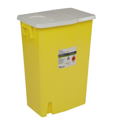 Picture of Chemotherapy Waste Container SharpSafety™ 26 H X 18-1/4 W X 12-3/4 D Inch 18 Gallon Yellow Base / White Lid Horizontal Entry Gasketed Hinged Lid8989