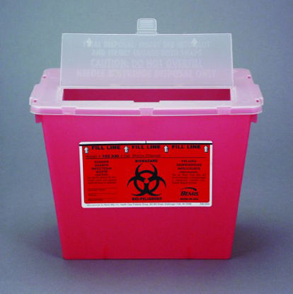 Picture of Sharps Container Bemis™ Sentinel 8-5/8 H X 11-5/8 L X 7-3/4 W Inch 2 Gallon Translucent Red Base / Translucent Lid Horizontal Entry Flap Lid102 030