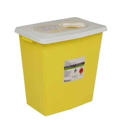 Picture of Chemotherapy Waste Container SharpSafety™ 17-1/2 H X 15-1/2 W X 11 D Inch 8 Gallon Yellow Base / White Lid Horizontal / Vertical Entry Gasketed Hinged Lid8985