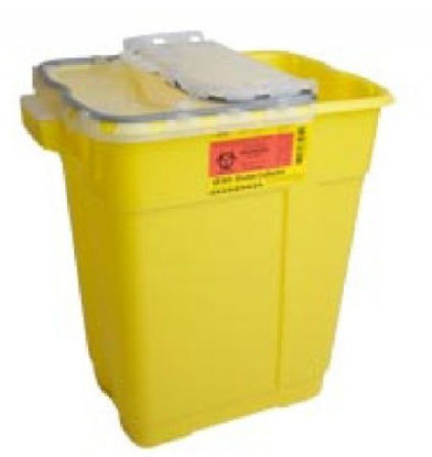 Picture of Chemotherapy Waste Container BD™ 18-1/2 H X 17-3/4 W X 11-3/4 D Inch 9 Gallon Yellow Base / Clear Lid Vertical Entry Gasketed Hinged Lid305603