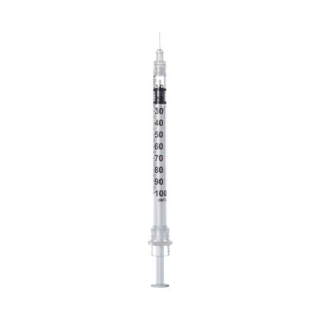 Picture of Insulin Syringe with Needle Sol-Care™ 1 mL 29 Gauge 1/2 Inch Attached Needle Retractable Needle100017IM