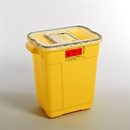 Picture of Chemotherapy Waste Container BD™ 18-1/2 H X 17-3/4 W X 11-3/4 D Inch 9 Gallon Yellow Base / Clear Lid Vertical Entry Gasketed Sliding Lid305604