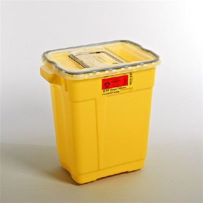 Picture of Chemotherapy Waste Container BD™ 18-1/2 H X 17-3/4 W X 11-3/4 D Inch 9 Gallon Yellow Base / Clear Lid Vertical Entry Gasketed Sliding Lid305604