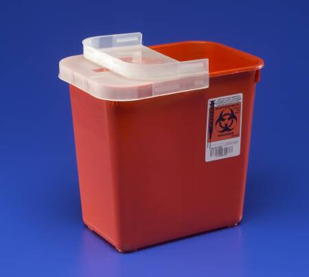 Picture of Sharps Container SharpSafety™ 10 H X 10-1/2 W X 7-1/4 D Inch 2 Gallon Red Base / Translucent Lid Horizontal Entry Hinged Lid8990SA