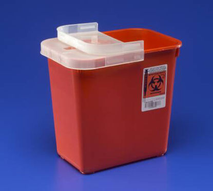 Picture of Sharps Container SharpSafety™ 10 H X 10-1/2 W X 7-1/4 D Inch 2 Gallon Red Base / Translucent Lid Horizontal Entry Hinged Lid8990SA