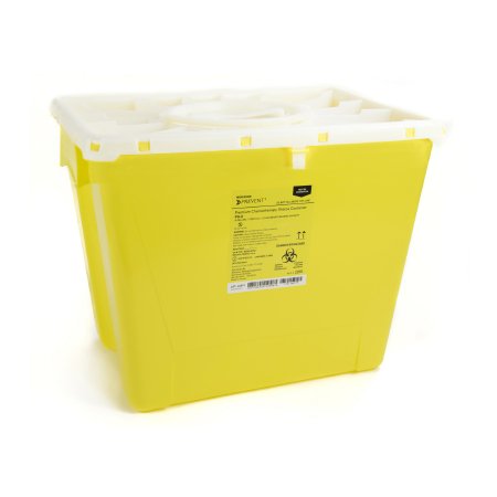Picture of Chemotherapy Waste Container McKesson Prevent® 13-1/2 H X 17-3/10 W X 13 L Inch 8 Gallon Yellow Base / White Lid Vertical Entry Rotating Lid2258