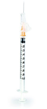Picture of Syringe with Hypodermic Needle McKesson Prevent® SG 1 mL 25 Gauge 5/8 Inch Detachable Needle Sliding Safety Needle306611