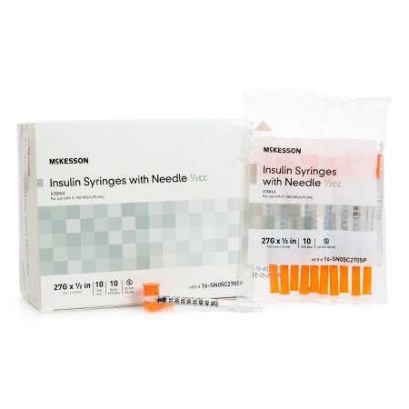 Picture of Insulin Syringe with Needle McKesson 0.5 mL 27 Gauge 1/2 Inch Attached Needle Without Safety16-SN05C2705P