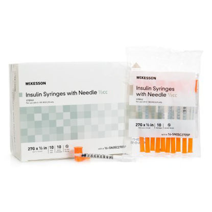 Picture of Insulin Syringe with Needle McKesson 0.5 mL 27 Gauge 1/2 Inch Attached Needle Without Safety16-SN05C2705P
