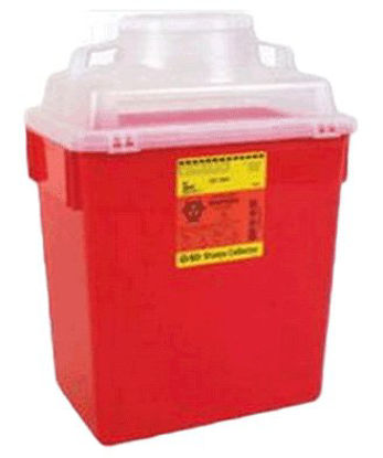 Picture of Sharps Container BD™ 17-1/2 H X 12-4/5 W X 8-4/5 D Inch 6 Gallon Red Base / Clear Lid Vertical Entry Hinged Snap On Lid305465