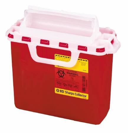 Picture of Sharps Container BD™ 12-1/2 H X 10-7/10 W X 6 D Inch 2 Gallon Red Base / White Lid Horizontal Entry Counter Balanced Cylinder Lid305435