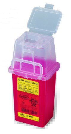 Picture of Sharps Container BD™ 7 H X 4-9/10 W X 3-9/10 D Inch 1 Quart Red Base / Clear Lid Vertical Entry Hinged Snap On Lid305635