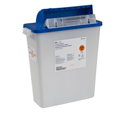 Picture of Pharmaceutical Waste Container PharmaSafety™ 16-1/2 H X 13-3/4 W X 6 D Inch 3 Gallon White Base / Blue Lid Horizontal Entry Counter Balanced Door Lid8836SA