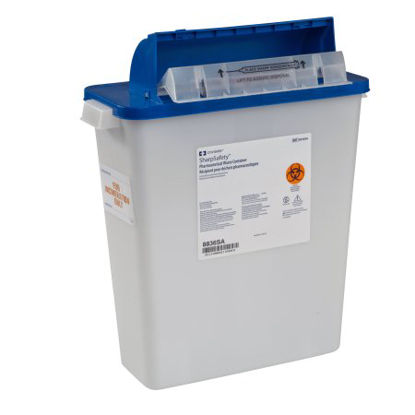 Picture of Pharmaceutical Waste Container PharmaSafety™ 16-1/2 H X 13-3/4 W X 6 D Inch 3 Gallon White Base / Blue Lid Horizontal Entry Counter Balanced Door Lid8836SA