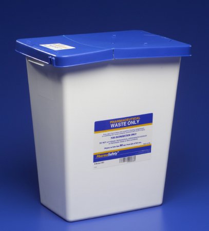 Picture of Pharmaceutical Waste Container PharmaSafety™ 17-3/4 H X 11 W X 15-1/2 D Inch 8 Gallon White Base / Blue Lid Vertical Entry Gasketed Hinged Lid8850