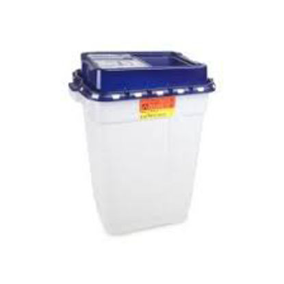 Picture of Pharmaceutical Waste Container Recykleen™ 26-1/4 H X 20 W X 14-3/4 D Inch 19 Gallon White Base / Blue Lid Vertical Entry Gasketed Sliding Lid305328
