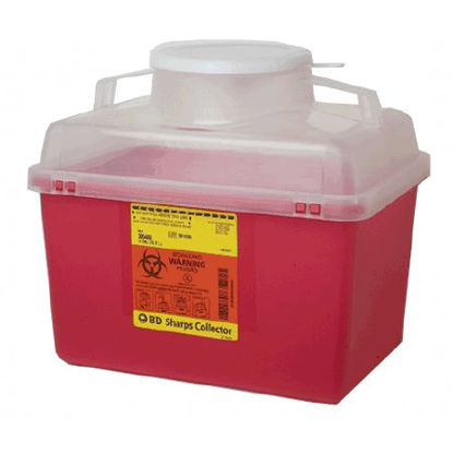 Picture of Sharps Container BD™ 11-1/2 H X 12-4/5 W X 8-4/5 D Inch 14 Quart Red Base / Clear Lid Vertical Entry Hinged Snap On Lid305480