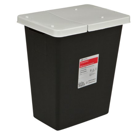 Picture of RCRA Waste Container SharpSafety™ 17-3/4 H X 11 D X 15-1/2 W Inch 8 Gallon Black Base / White Lid Vertical Entry Gasketed Hinged Lid8607RC