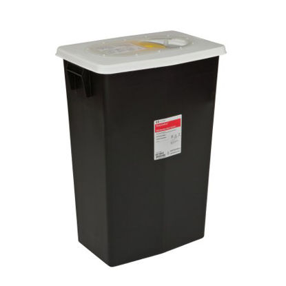 Picture of RCRA Waste Container SharpSafety™ 26 H X 12-3/4 D X 18-1/4 W Inch 18 Gallon Black Base / White Lid Vertical Entry Gasketed Sliding Lid8618RC