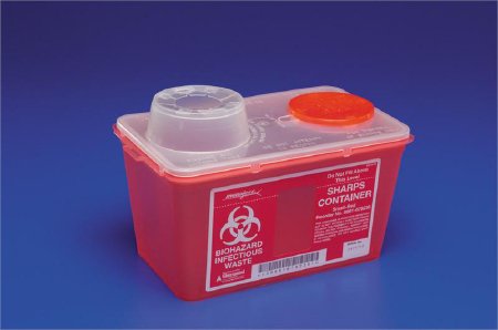 Picture of Sharps Container Monoject™ 17-7/10 H X 6-3/4 W X 10-1/2 D Inch 3.5 Gallon Red Base / Translucent Lid Vertical Entry Chimney Top Lid8881676434