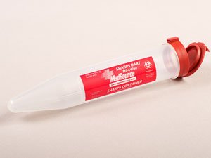 Picture of Pocket Shuttle Sharps Container Sharps Dart 6-7/10 L X 1-1/10 D Inch 6 Needles Translucent Base / Red Lid Vertical Entry Snap On LidMS-64250