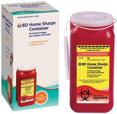 Picture of Mailback Sharps Container BD™ Home Sharps Disposal By Mail 300 Pen Needles / Up to 100 Insulin Syringes Red Base / White Lid Vertical Entry Tethered Snap On Lid323487