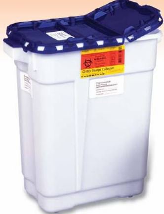 Picture of Pharmaceutical Waste Container Recykleen™ 18-1/2 H x 17-3/4 W X 11-3/4 D Inch 9 Gallon White Base / Blue Lid Vertical Entry Gasketed Hinged Lid305634