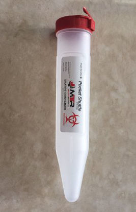 Picture of Pocket Shuttle Sharps Container MTR 1-1/2 D X 6-1/2 L Inch 6 Needles Translucent Base / Red Lid Vertical Entry Snap On LidMTR-64250