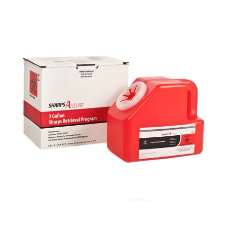 Picture of Mailback Sharps Container Sharps Assure 9 L X 5-1/2 W X 7-3/10 H Inch 1 Gallon Red Base / Translucent Lid Vertical Entry Screw On LidSA1G-18