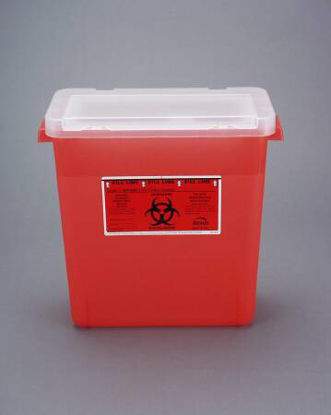 Picture of Sharps Container Bemis™ Sentinel 13-1/2 H X 13-7/8 L X 6-7/8 W 3 Gallon Translucent Red Base / White Lid Horizontal Entry Flap Lid303 030