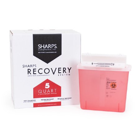 Picture of Mailback Sharps Container Sharps Recovery System™ 12-1/4 L X 4-3/4 W X 10-1/2 H 5.4 Quart Translucent Red Base / Translucent White Lid Horizontal Entry Counter Balanced Door Lid80501