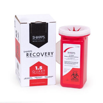 Picture of Mailback Sharps Container Sharps Recovery System™ 1.5 Quart Red Base / White Lid Vertical Entry Tethered Snap On Lid10150-012