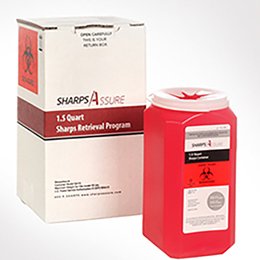 Picture of Mailback Sharps Container Sharps Assure 3-3/4 L X 3-3/4 W X 7 H Inch 1.5 Quart Red Base / Translucent Lid Vertical EntrySA1Q