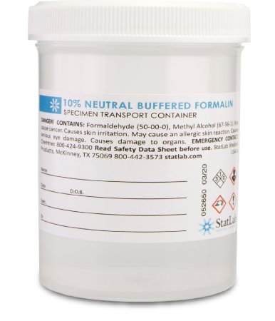 Picture of Prefilled Formalin Container Polypropylene 120 mL Fill in 240 mL (8 oz.) Screw Cap Warning Label / Patient Information NonSterileNB08120