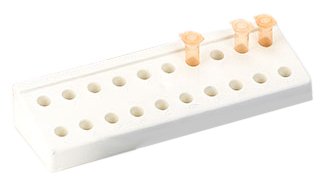 Picture of Microcentrifuge Microcentrifuge Tube Rack Globe® Scientific 20 Place 1.5 to 2.0 mL Tube Size White 1-2/5 X 2-3/4 X 8-1/4 Inch456320W